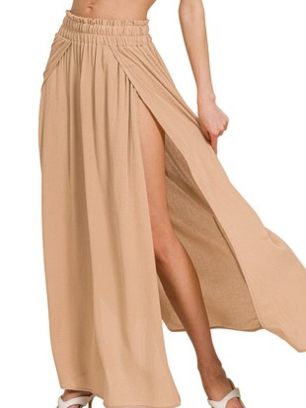 ZENANA Woven Crinkle Gauze Long Skirt in Camel